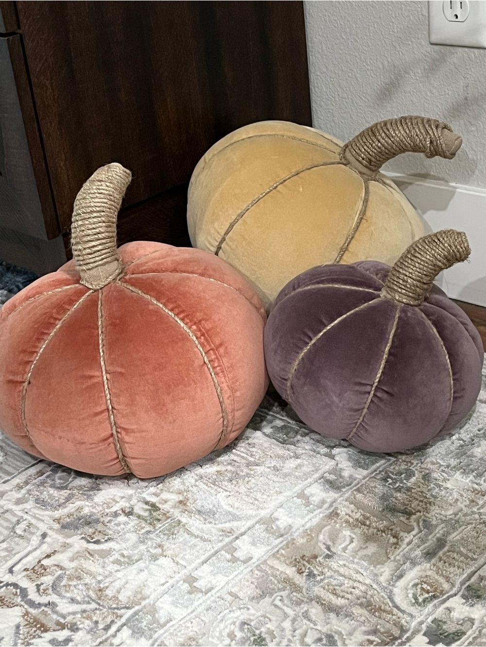 Rare Set of 3 Pottery Barn Velvet Pumpkin Pillows; Camel, Adobe Orange & Fig